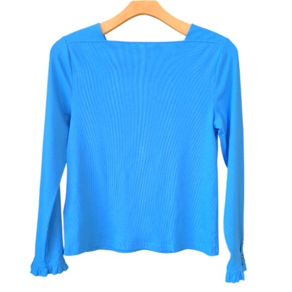 Lauren Ralph Lauren Long Sleeve Gold Button Ruffle Cuff Rib Knit Top Size L Blue - Picture 2 of 8